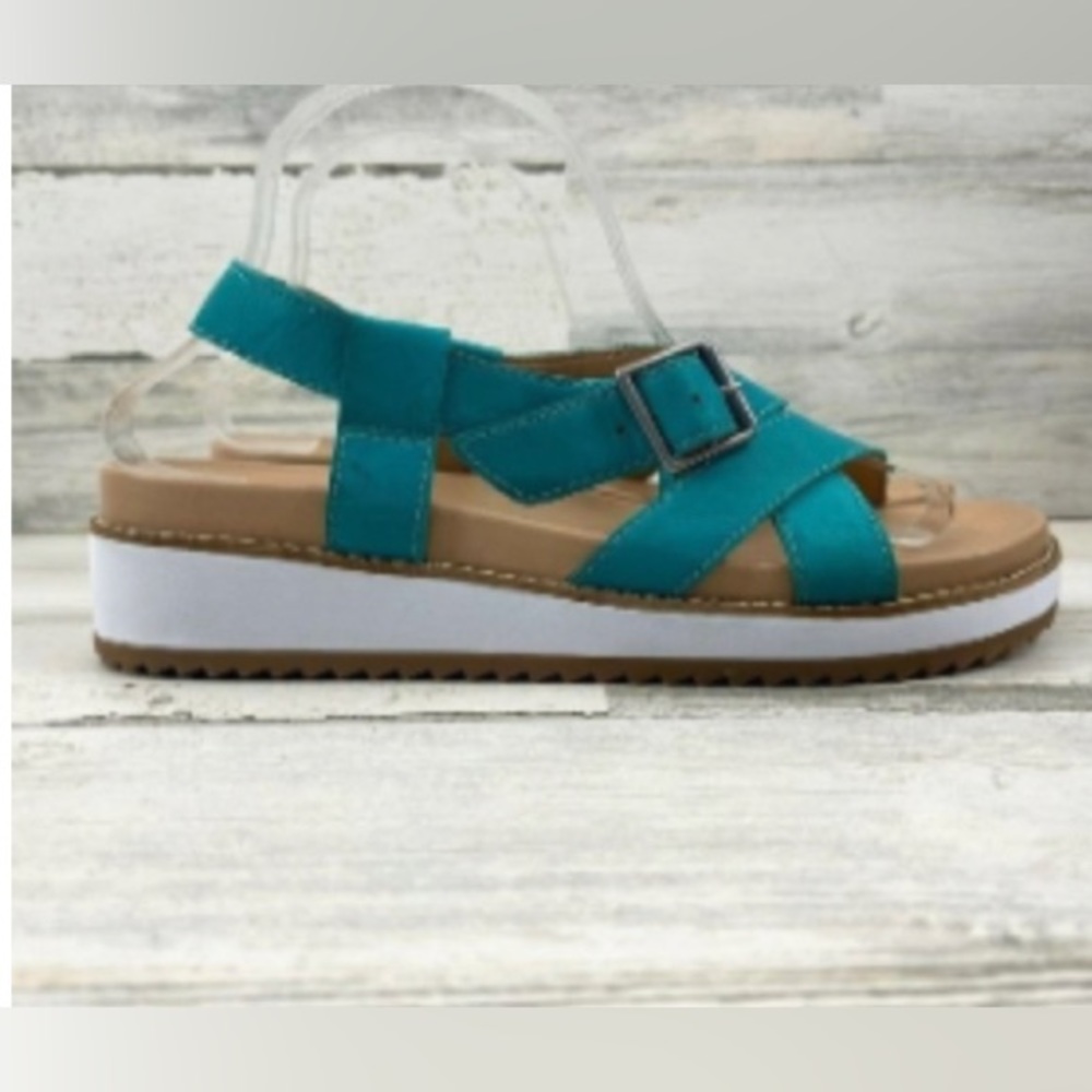 Lucky Brand Irissy Sandals Wedge Slingback Criss Cross Lapis Leather